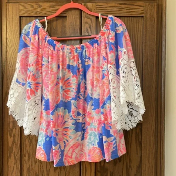 Lilly Pulitzer Zaylee Off Shoulder Blouse Top Lace Sleeve Elastic Neck Medium - Picture 5 of 10